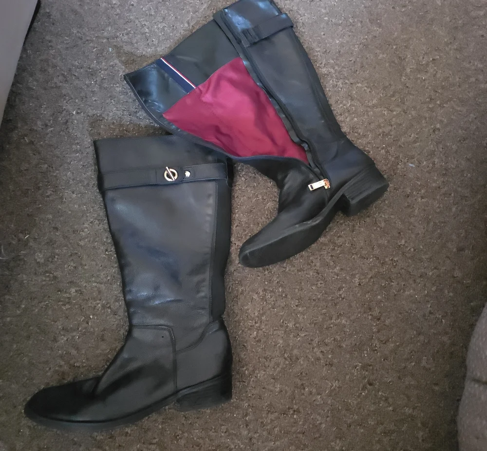 Tommy Hilfiger Black Knee High Riding Boots with Burgundy Lining